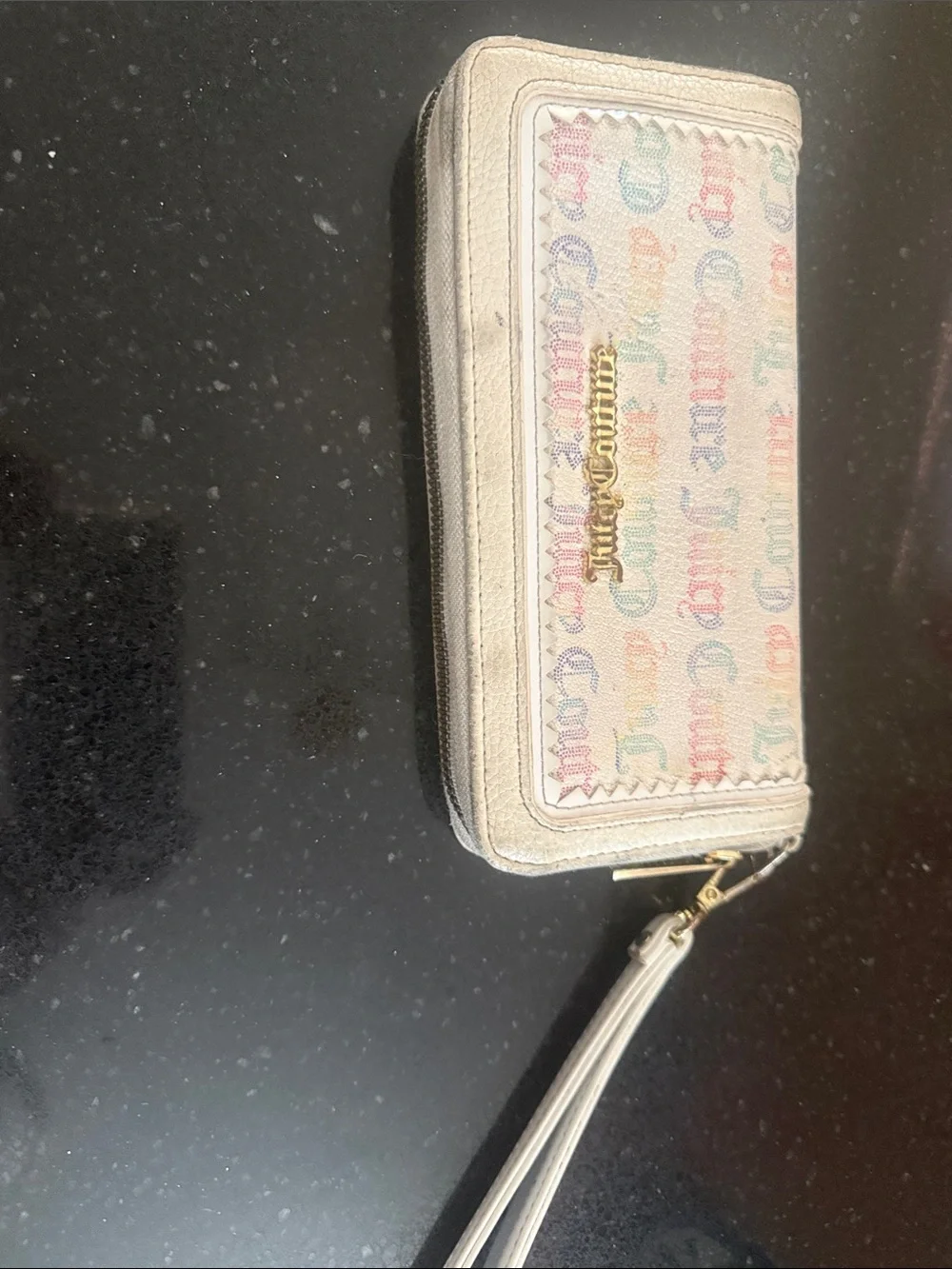 Juicy Couture Cream Wristlet with Multicolor Logo Print as is !